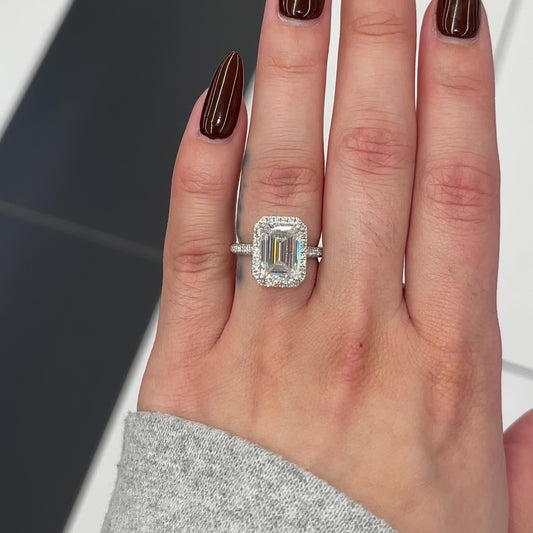 4 Ctw Emerald-Cut Engagement Ring with Halo in 18K Gold